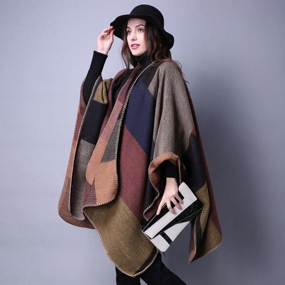 2/$30 NEW Boho Colorblock Earth Tones Ruana Oversized Open Wrap Poncho Blanket - Picture 8 of 11